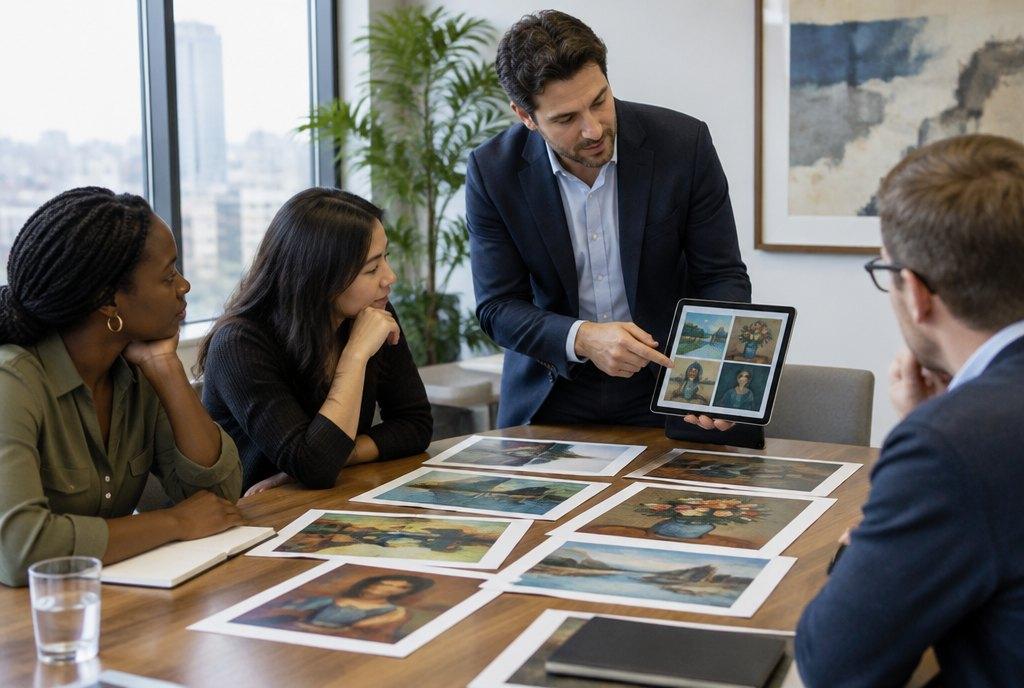 A male art consultant presents a selection of artworks on a tablet and as printouts on the table to a team in a meeting room (AI-generated)