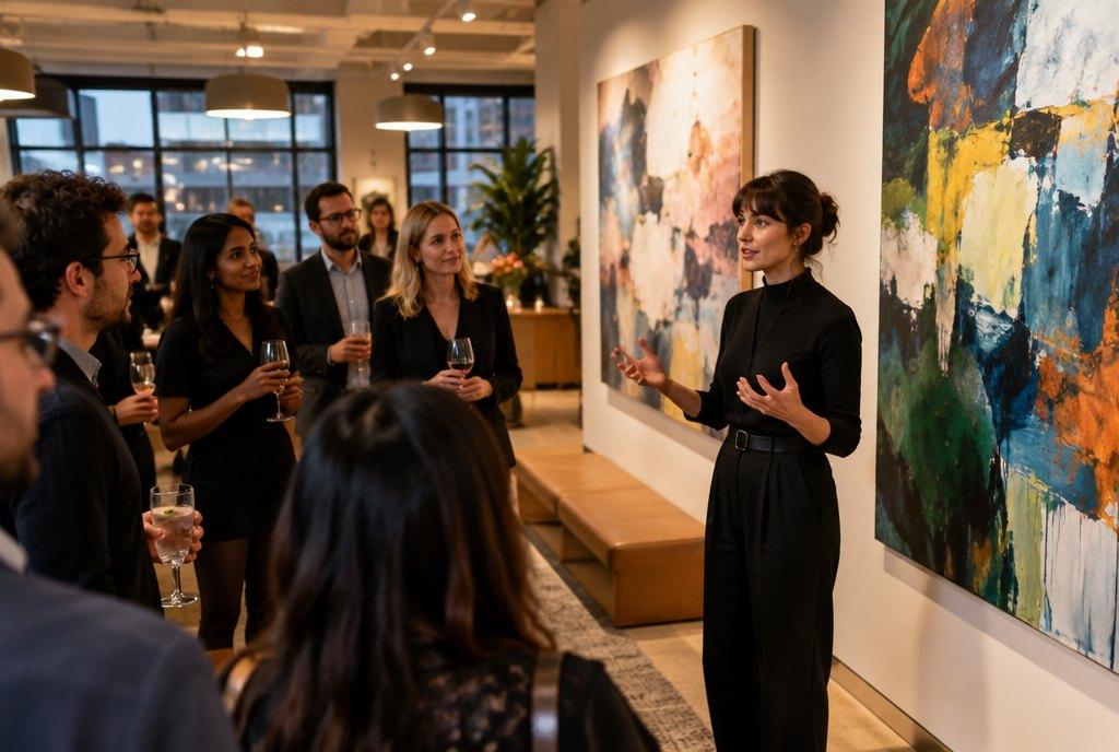 Employees listen to a female artist speaking next to her large-format paintings at an evening art event in the office (AI-generated)