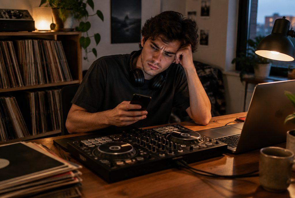 DJ sitzt abends am Home-Setup und schaut auf sein Smartphone (KI-generiert)