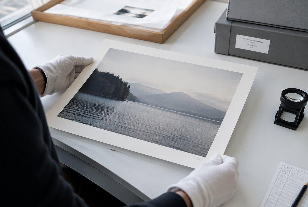 Hände in weißen Baumwollhandschuhen halten auf einem Leuchttisch einen limitierten Fine-Art-Print, daneben Archivboxen und eine Lupe (KI-generiert)