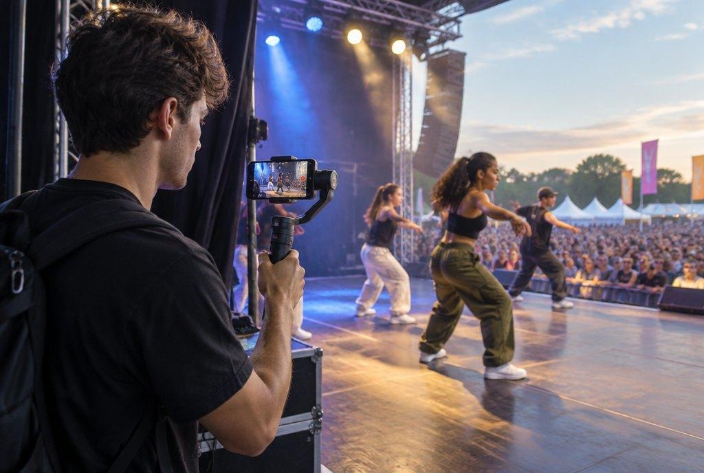Ein junger Content Creator filmt vom Bühnenrand mit Smartphone und Gimbal eine Tanzperformance auf einer Festivalbühne (KI-generiert)