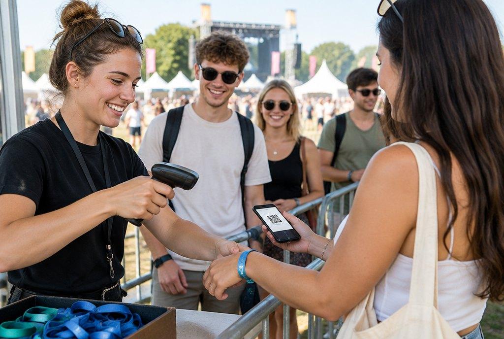 Eine Mitarbeiterin scannt am Festivaleingang Tickets auf Smartphones und verteilt Bändchen an junge Besucherinnen und Besucher (KI-generiert)