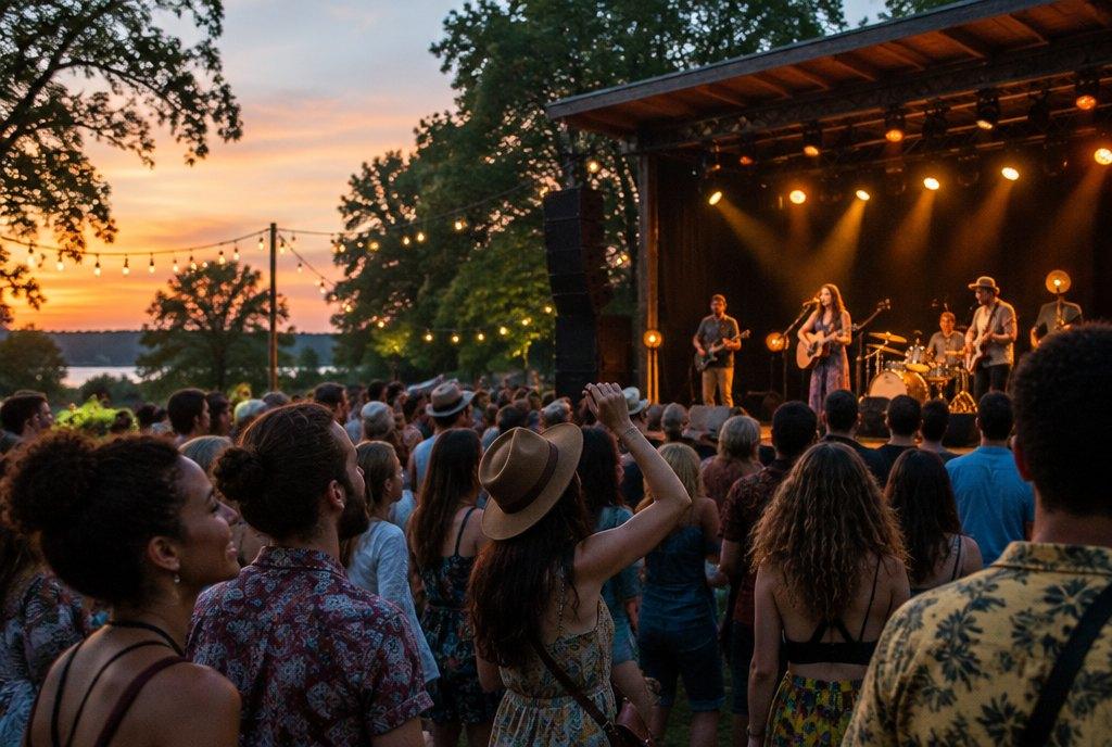 Ein vielfältiges Publikum feiert in der Abenddämmerung vor einer beleuchteten Bühne auf einem Open-Air-Kulturfestival mit Lichterketten (KI-generiert)