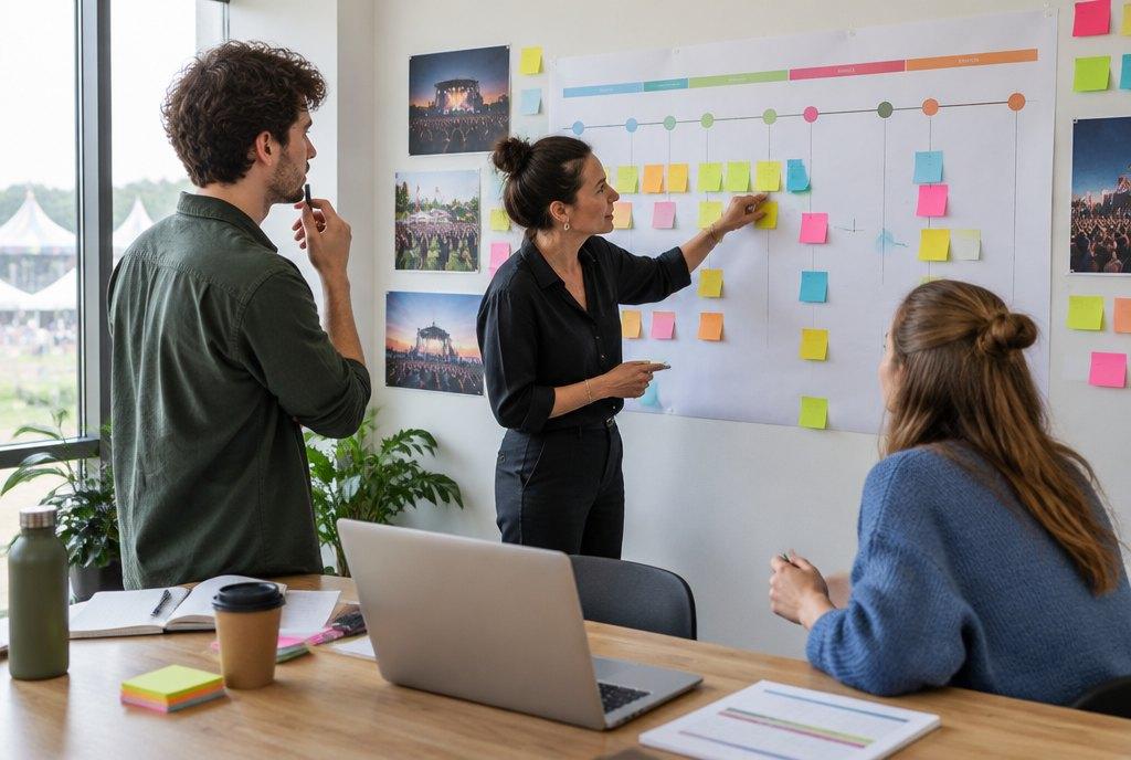 Eine Festivalleiterin und zwei junge Teammitglieder planen das Programm an einer Wand mit bunten Haftnotizen und einem Zeitplan (KI-generiert)