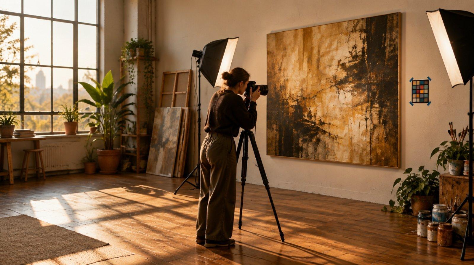 Fotografin fotografiert mit Kamera und Stativ ein großformatiges Kunstwerk im Atelier (KI-generiert)