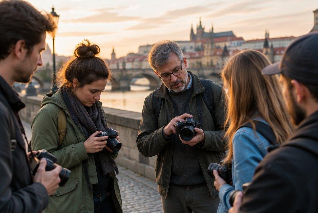 Kursleiter erklärt einer kleinen Gruppe Erwachsener bei einem Fotowalk in der Altstadt im Abendlicht die Kameraeinstellungen (KI-generiert)