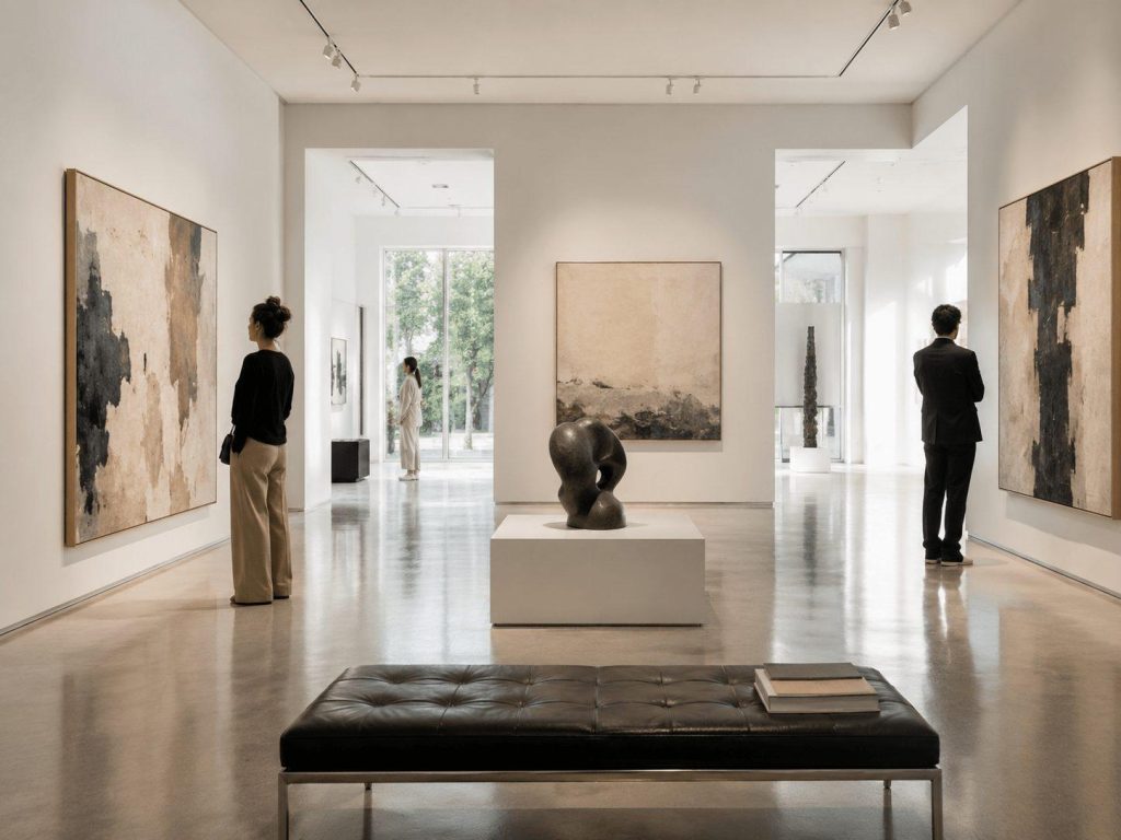 Besucherinnen und Besucher betrachten großformatige Gemälde in einer hellen Galerie (KI-generiert)