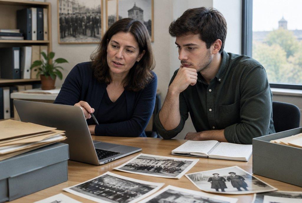 Eine Pädagogin und ein junger Kollege planen am Schreibtisch mit Laptop, Archivordnern und historischen Fotos ein digitales Bildungsangebot (KI-generiert)