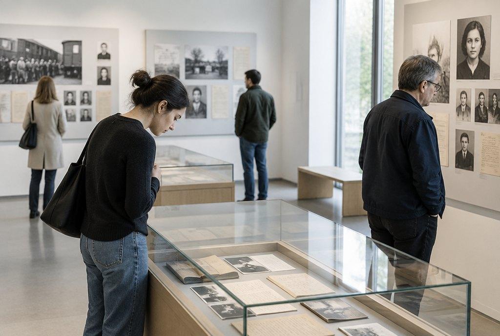 Besucherinnen und Besucher betrachten in einem hellen Dokumentationszentrum einer Gedenkstätte historische Dokumente, Briefe und Fotografien in Vitrinen (KI-generiert)