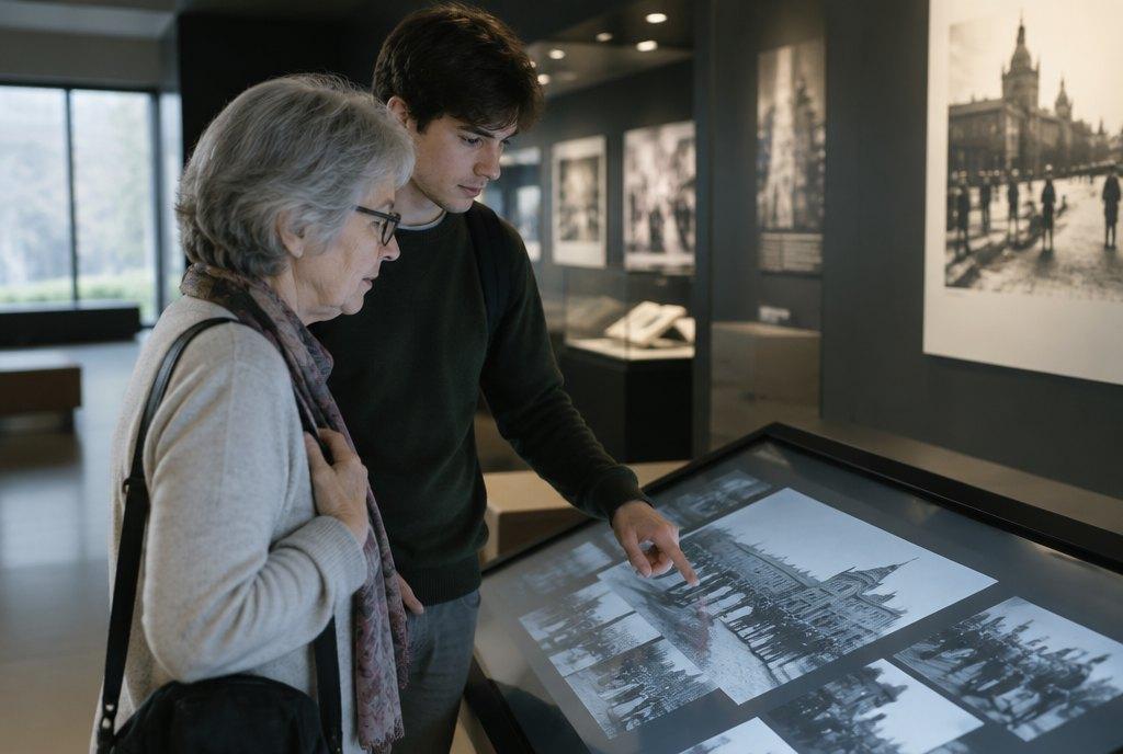 Eine ältere Frau und ein junger Mann sehen sich an einer interaktiven Medienstation in einem Dokumentationszentrum gemeinsam historische Fotos an (KI-generiert)