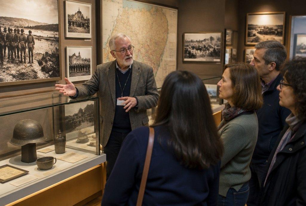 Ein älterer Museumsführer erklärt einer kleinen Besuchergruppe historische Fotografien, Karten und Objekte in einer Geschichtsausstellung (KI-generiert)