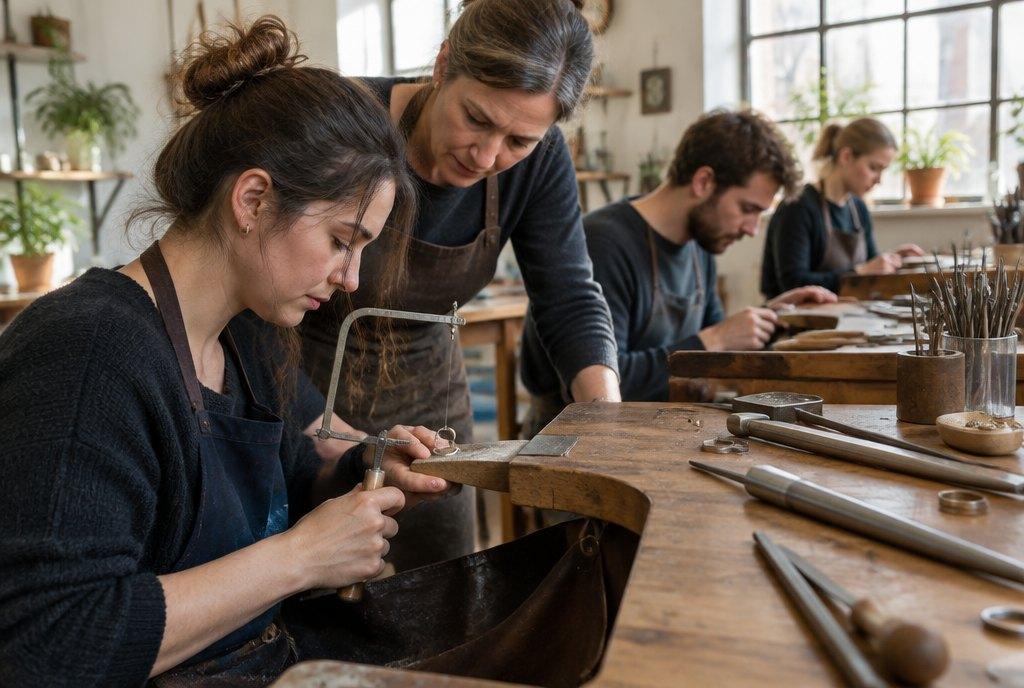 Jewelry class participants working at goldsmith benches while a goldsmith shows one of them how to saw a silver ring (AI-generated)