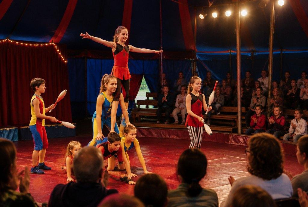 Young performers in colorful costumes forming a human pyramid and juggling in the ring while families applaud (AI-generated)