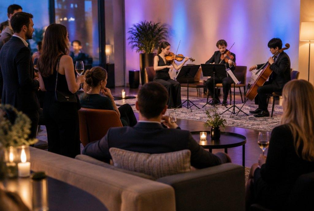 Junge Berufstätige hören bei einem Afterwork-Konzert in der Lounge eines Konzerthauses einem Streichtrio zu, mit Getränken und Sofas in farbigem Licht (KI-generiert)