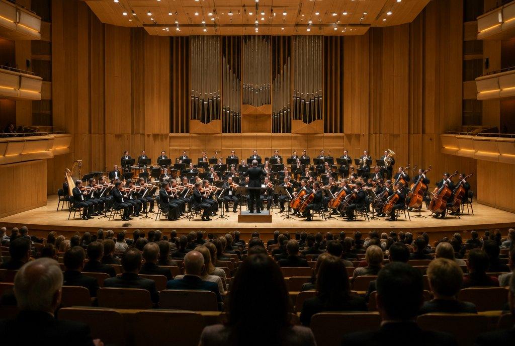 Ein Sinfonieorchester mit Dirigent auf der Bühne eines modernen Konzertsaals mit Holzverkleidung und Orgel, das Publikum von hinten in den Sitzreihen (KI-generiert)