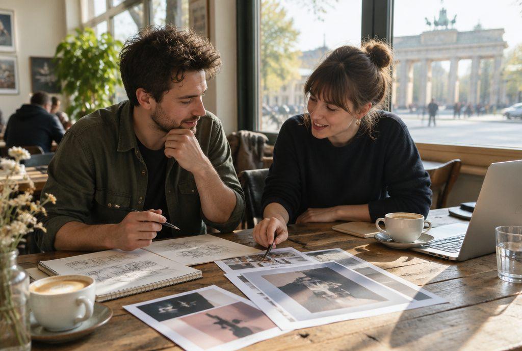 Zwei Künstler:innen besprechen in einem Berliner Café Skizzen und einen Flyer (KI-generiert)