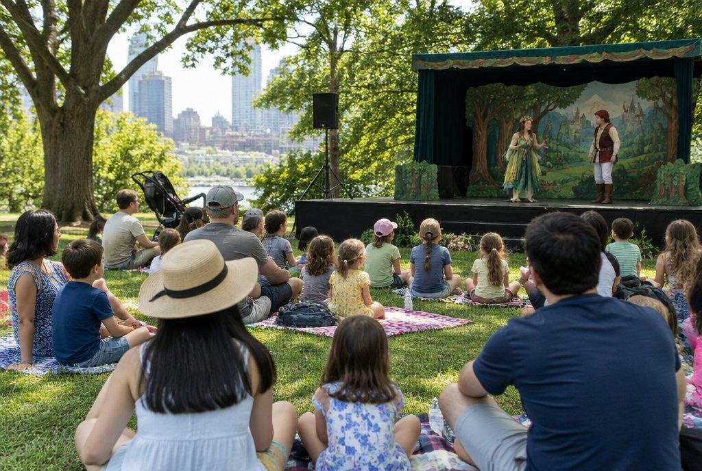 Familien mit Kindern verfolgen auf Picknickdecken im Stadtpark ein Kindertheater auf einer kleinen Open-Air-Bühne (KI-generiert)