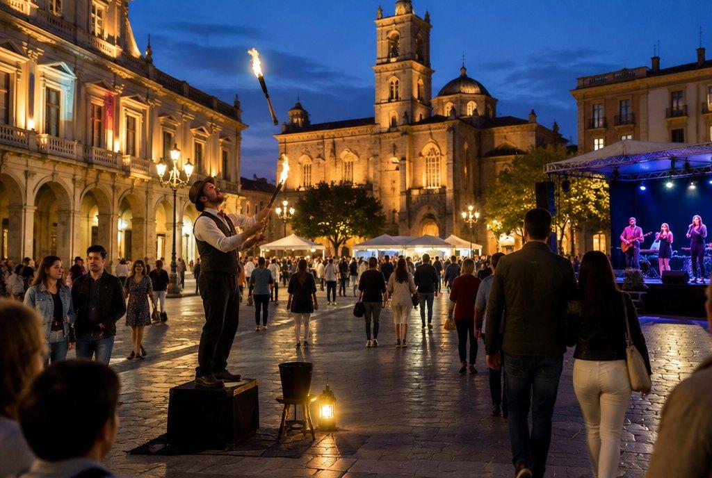 Menschen schlendern bei einer städtischen Kulturnacht über einen belebten Marktplatz zwischen beleuchteten historischen Gebäuden, kleinen Bühnen und einem Straßenkünstler (KI-generiert)