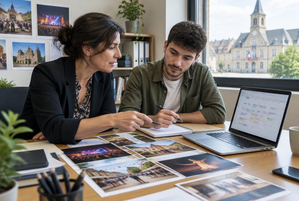 Eine Kulturamtsleiterin und ein junger Kollege planen am Schreibtisch mit Laptop und Fotos den Veranstaltungskalender der Stadt für das kommende Jahr (KI-generiert)
