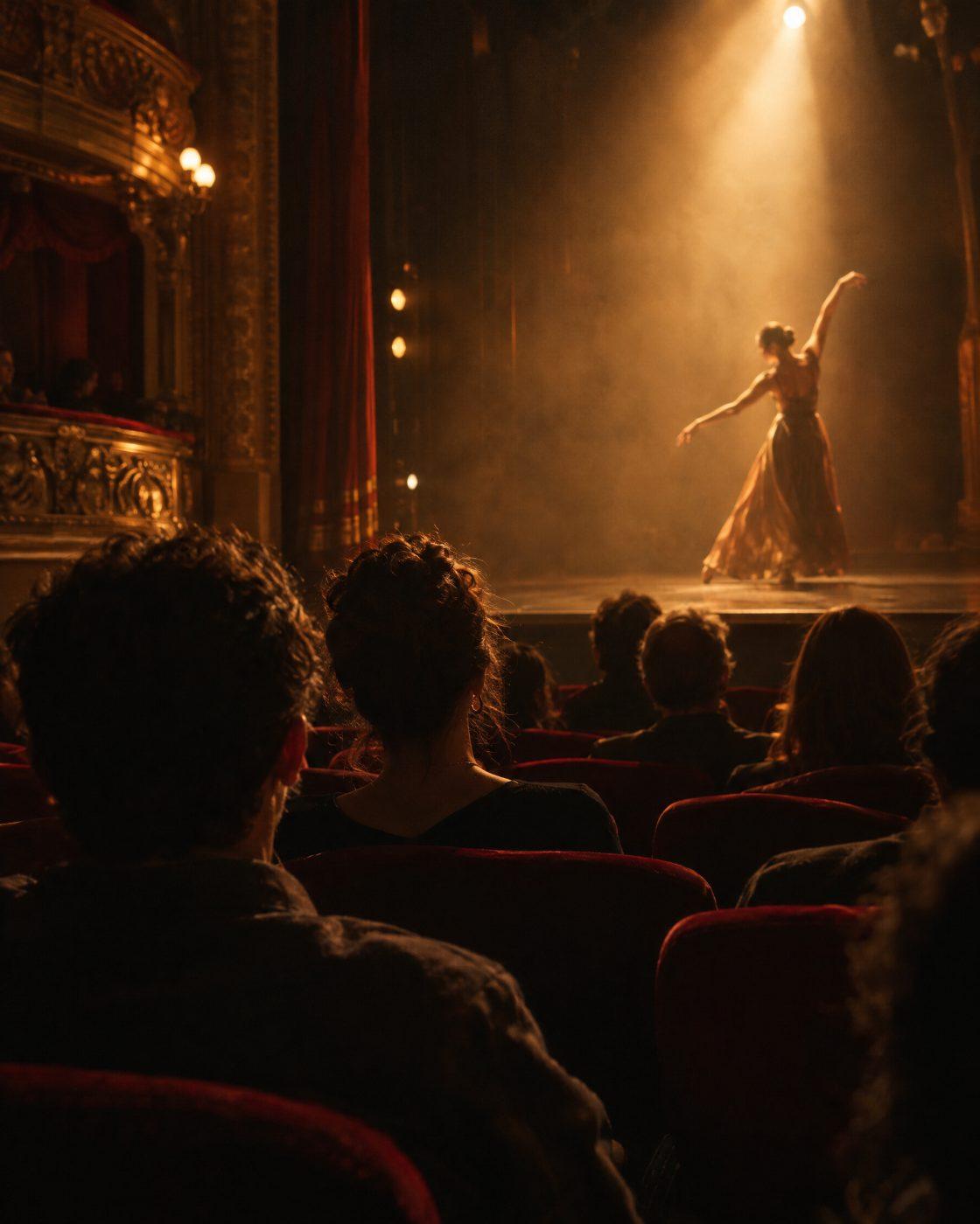 Publikum im Theater verfolgt eine Tanzaufführung im warmen Bühnenlicht (KI-generiert)