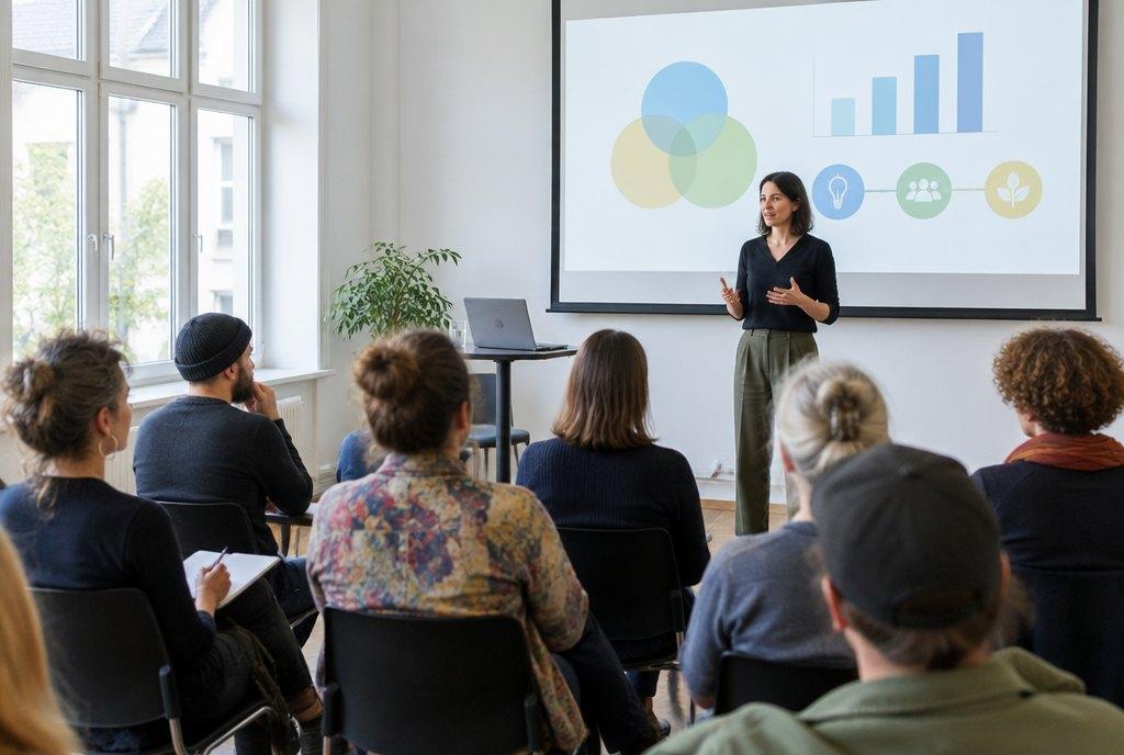 Künstlerinnen, Künstler und Kulturschaffende hören bei einem Infoabend zur Kulturförderung einer Referentin vor einer Leinwand zu (KI-generiert)