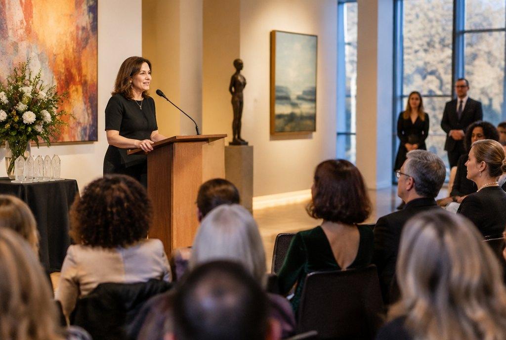 Eine Stiftungsdirektorin spricht bei einer Preisverleihung im Veranstaltungssaal einer Kulturstiftung am Rednerpult zu Künstlerinnen, Künstlern und Gästen (KI-generiert)