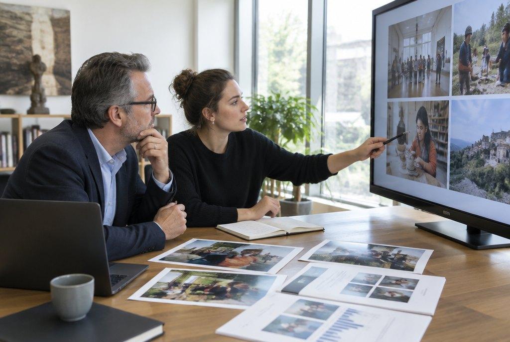 Ein Programmleiter und eine junge Kommunikationsmanagerin sichten im Büro einer Kulturstiftung Fotos geförderter Projekte auf einem großen Bildschirm (KI-generiert)