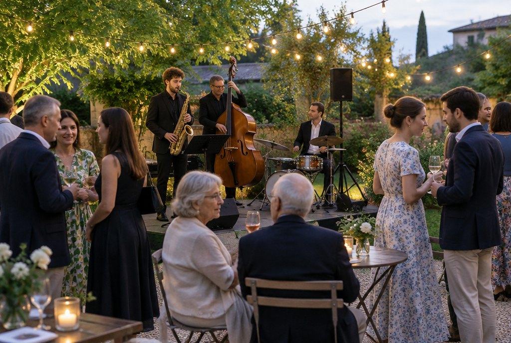 Gäste verschiedener Altersgruppen bei einem sommerlichen Benefizabend eines Kulturvereins im Garten mit Jazztrio und Lichterketten (KI-generiert)