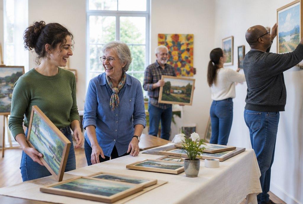 Mitglieder eines Kulturvereins verschiedener Altersgruppen bauen gemeinsam und gut gelaunt eine kleine Ausstellung in einem hellen Gemeinschaftsraum auf (KI-generiert)