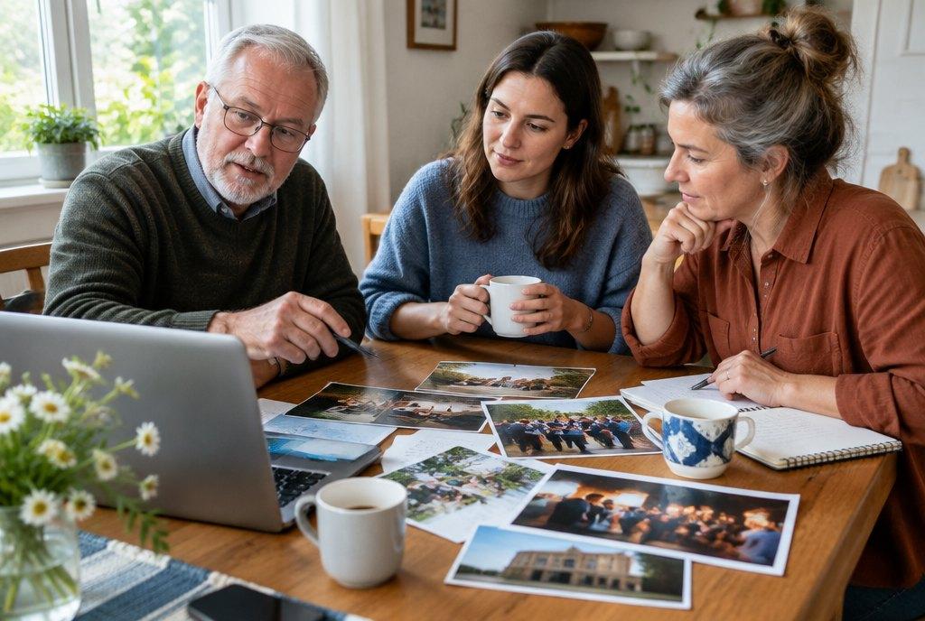 Der ehrenamtliche Vorstand eines Kulturvereins plant am Tisch mit Laptop, Kaffeetassen und Fotos eine Kampagne zur Mitgliedergewinnung (KI-generiert)