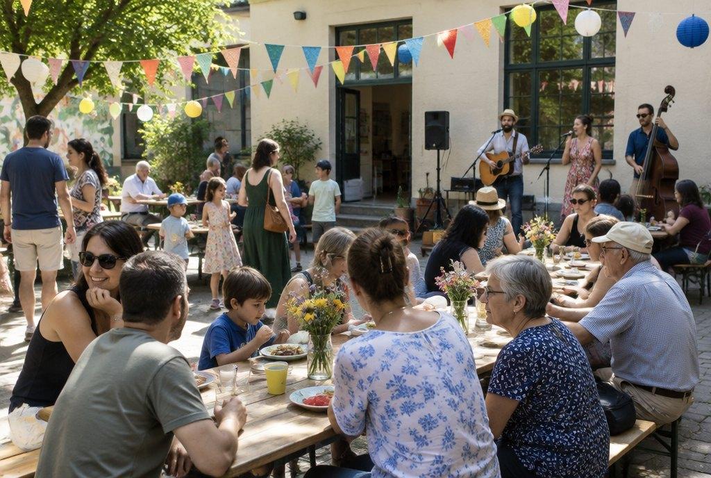 Familien, Kinder und ältere Nachbarn feiern an langen Tischen ein Nachbarschaftsfest im Hof eines Kulturzentrums, eine kleine Band spielt (KI-generiert)