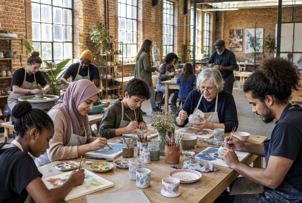 Menschen verschiedener Generationen malen und töpfern gemeinsam in einer offenen Werkstatt eines Kulturzentrums in einer ehemaligen Fabrikhalle (KI-generiert)