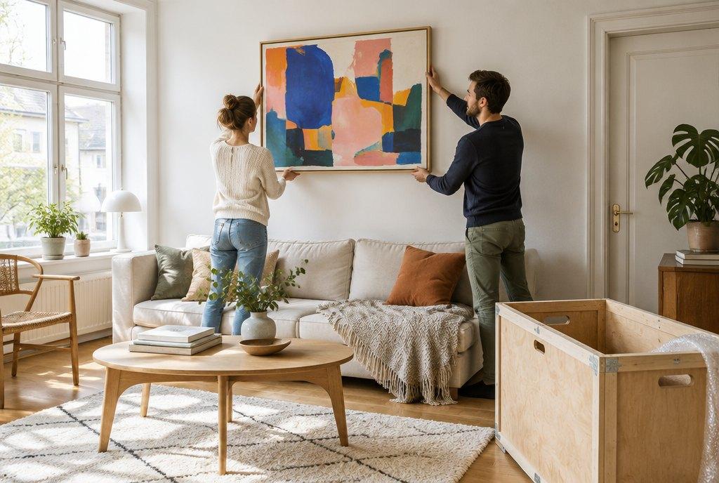 Ein Paar hängt in einem hellen Wohnzimmer ein farbiges zeitgenössisches Gemälde über dem Sofa auf, daneben eine leere Transportkiste (KI-generiert)