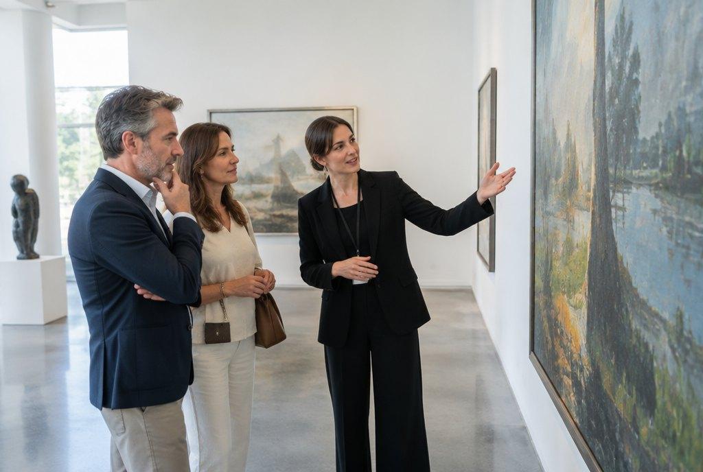 Eine Kunstberaterin führt ein Sammlerpaar durch eine Ausstellung in einer Galerie mit weißen Wänden und zeigt auf ein großes Landschaftsgemälde (KI-generiert)