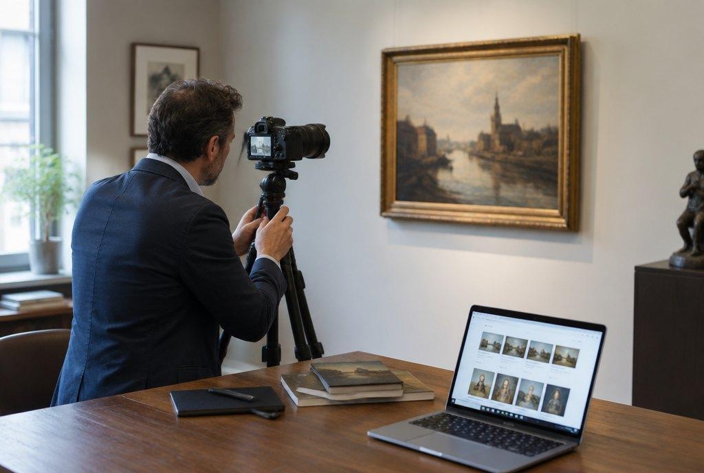 Ein Kunsthändler fotografiert im Galeriebüro ein gerahmtes Gemälde mit Kamera auf Stativ, auf dem Laptop ist ein Online-Katalog zu sehen (KI-generiert)