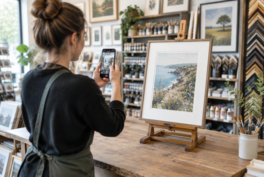 A young female employee films a freshly framed art print on an easel with her smartphone in the store for social media (AI-generated)