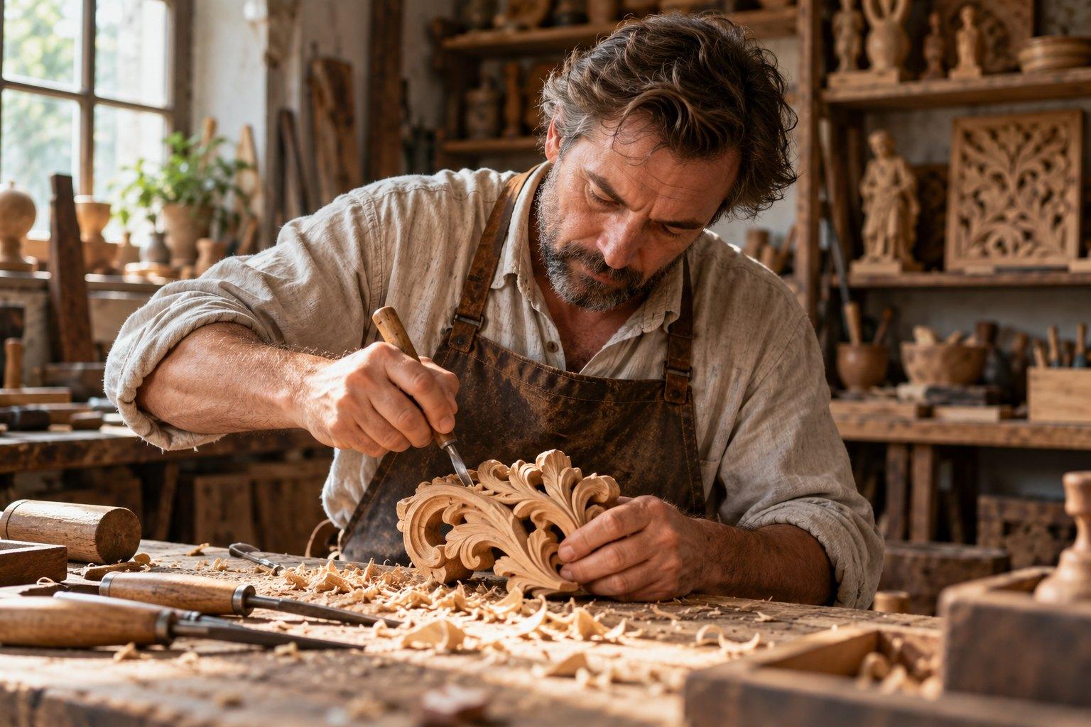 Kunsthandwerker schnitzt ein Ornament aus Holz in seiner Werkstatt (KI-generiert)