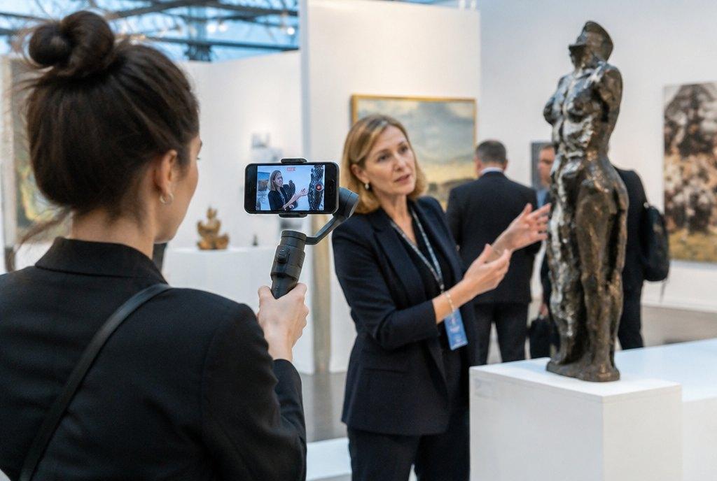 Eine junge Content Creatorin filmt mit Smartphone und Gimbal eine Galeristin, die an einem Messestand eine Skulptur erklärt (KI-generiert)