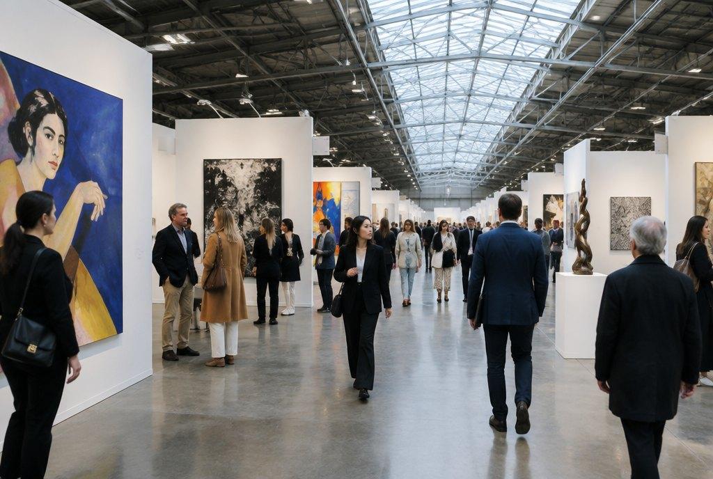 Besucher gehen durch die Gänge einer großen Kunstmesse mit weißen Kojen, Gemälden und Skulpturen unter einem hohen Hallendach mit Oberlicht (KI-generiert)