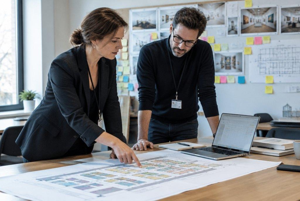 Eine Messeleiterin und ein Kollege planen an einem Tisch mit gedrucktem Hallenplan und Laptop die Kojenbelegung, im Hintergrund eine Wand mit Notizzetteln (KI-generiert)