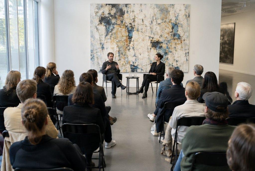 Ein Künstler und eine Kuratorin sprechen vor einem großen abstrakten Werk in einer Ausstellungshalle, das Publikum sitzt auf Klappstühlen (KI-generiert)