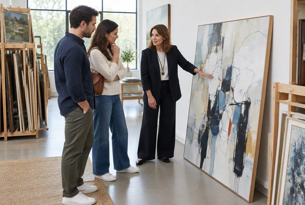 Eine Kunstberaterin zeigt einem Paar in einem hellen Showroom einer Kunstvermietung ein großes abstraktes Gemälde, umgeben von Regalen mit weiteren Werken (KI-generiert)