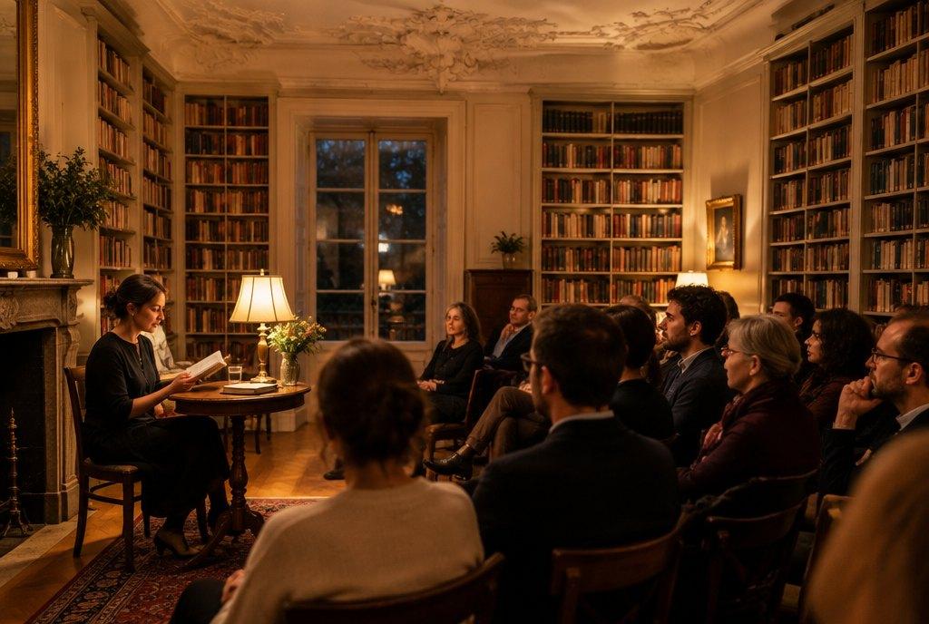 Eine Autorin liest im Salon eines Literaturhauses mit hohen Bücherregalen und Stuckdecke vor aufmerksamem Publikum (KI-generiert)