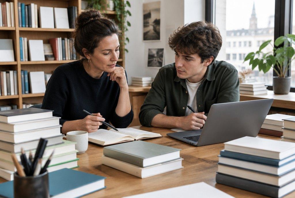 Eine Programmleiterin und ein junger Kollege planen am Schreibtisch mit neuen Büchern, Laptop und Notizbuch die Lesungen der Saison (KI-generiert)