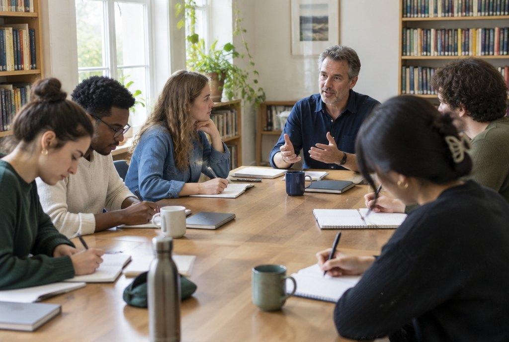 Junge Erwachsene schreiben in einer Schreibwerkstatt an einem langen Tisch in ihre Notizbücher, ein Workshopleiter spricht mit ihnen (KI-generiert)