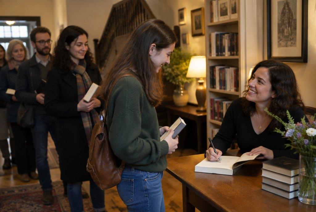 Eine Autorin signiert nach einer Lesung im Foyer eines Literaturhauses ein Buch für eine junge Leserin, weitere Gäste warten mit Büchern (KI-generiert)