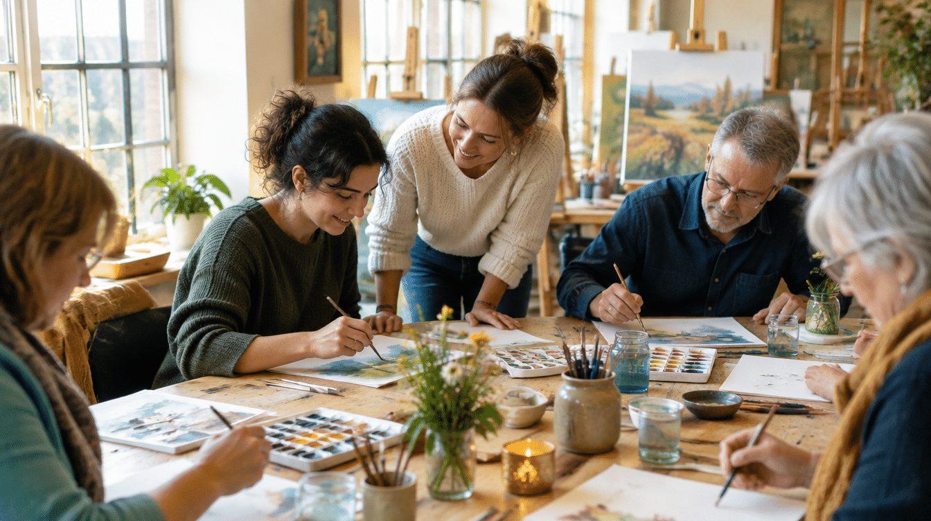 Erwachsene malen gemeinsam in einem hellen Kunstkurs, die Kursleiterin schaut lächelnd auf ein Bild
