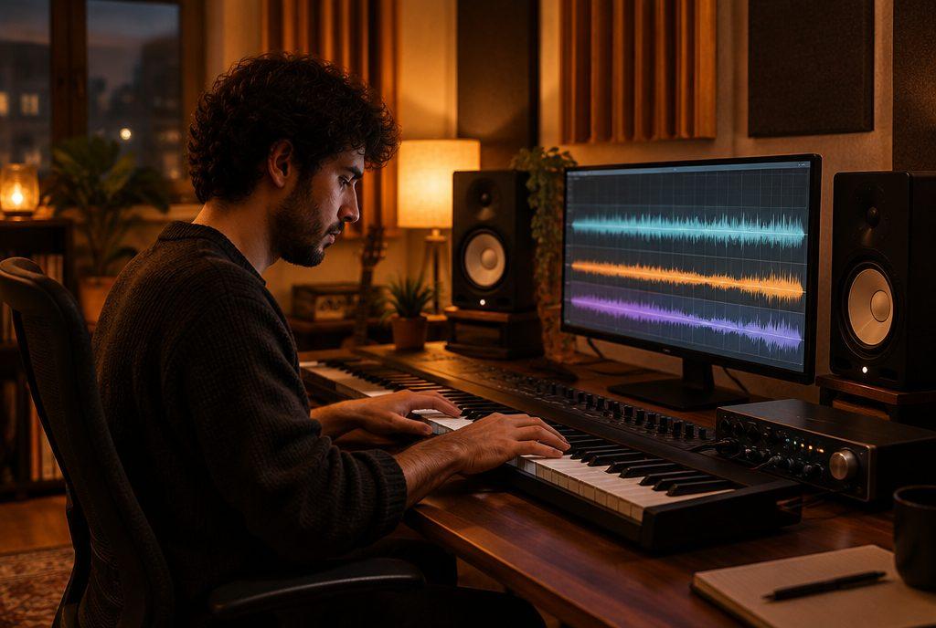Musikproduzent arbeitet nachts im Homestudio am Synthesizer (KI-generiert)