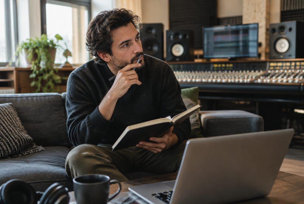 Musikproduzent plant mit Notizbuch und Laptop einen Release (KI-generiert)