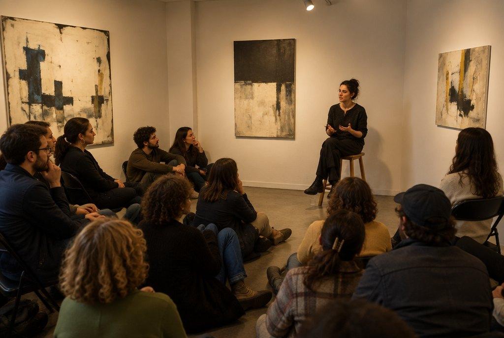 A female artist speaks at an artist talk in a small off-space while visitors sit on the floor and on folding chairs (AI-generated)
